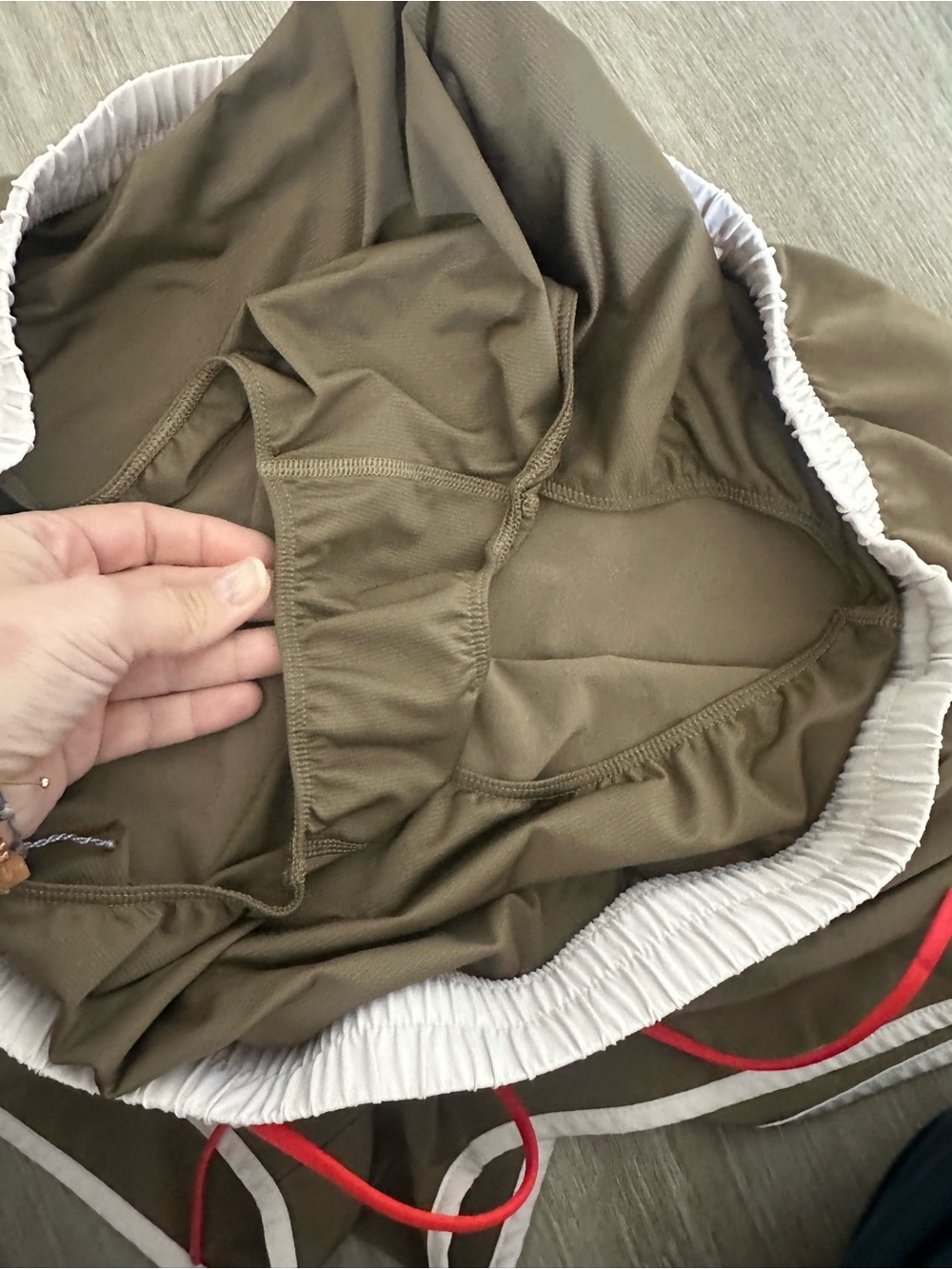 Athleta Olive Green Running Shorts with White Trim and Coral Drawstring - Picture 3 of 6